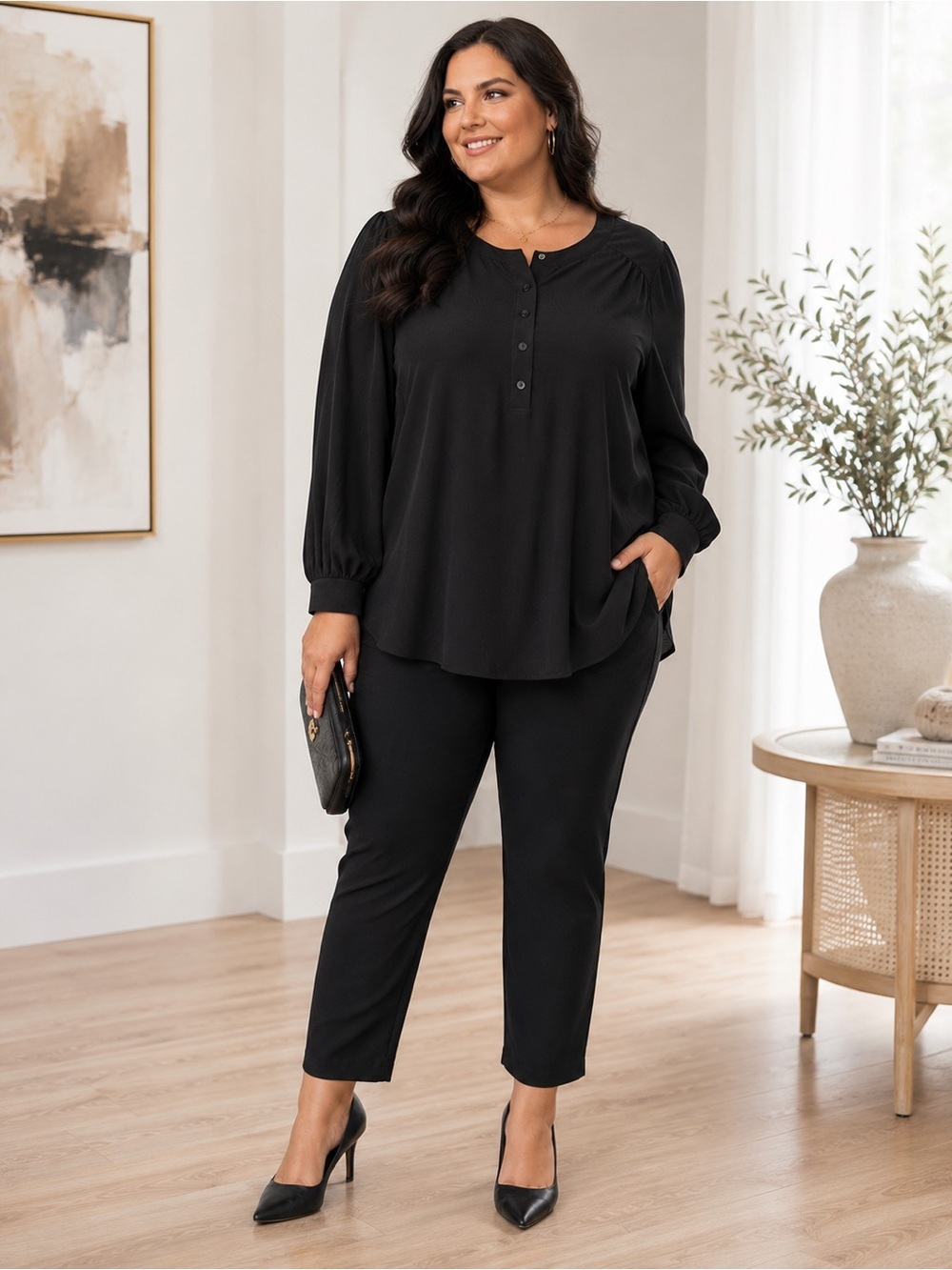 Penn. (Penningtons) Black Long Sleeve Henley Blouse – Size XXL